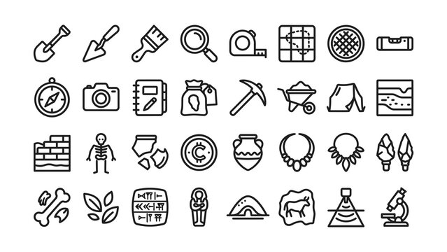 Collection of Archaeology and Historical Exploration Icon Set Isolated Designs