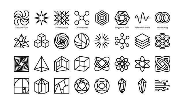Collection of abstract geometric and fractal design patterns isolated on transparent background