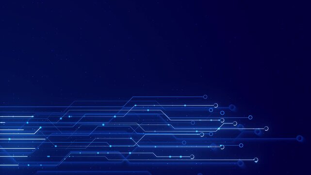 Abstract digital network paths, glowing nodes, electronic traces flow blue background. software intros, cloud computing, fintech, science, corporate titles, website banners, futuristic motion graphics