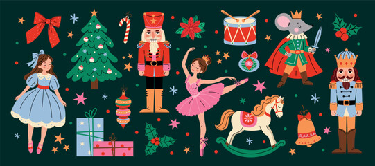 Obraz premium Nutcracker Christmas fairytale illustration with Clara, dancing ballerina, Mouse King and toy soldiers surrounded by festive decorations. Colorful winter holiday design on dark green background.