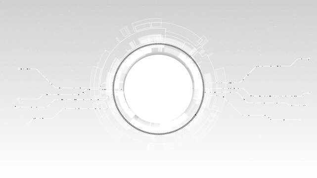 Futuristic technology frame interface rings, connected paths, particles on a clean white background. innovation, software, engineering, data visualization, branding, infographics, and corporate motion