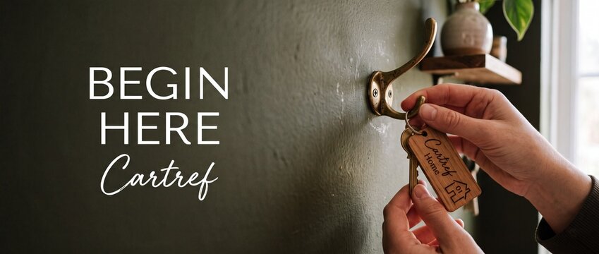 Hand hanging house key wooden keychain on vintage brass wall hook in cozy entryway, real estate concept of moving into new home, homeownership, property purchase, returning home interior decor.
