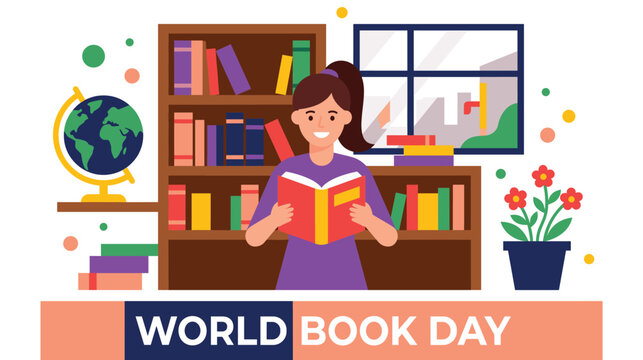 Happy girl reading book in front of library bookshelf for world book day celebration.