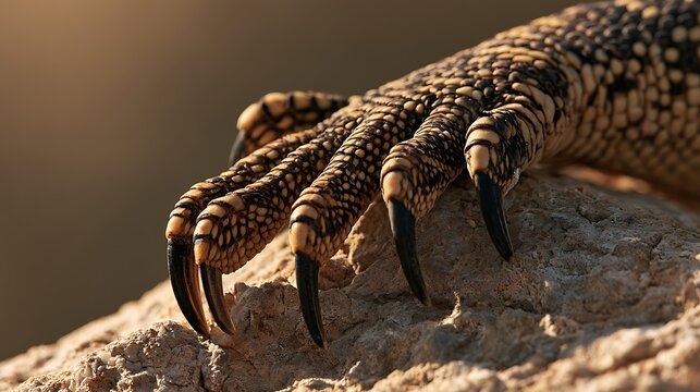 Close up view of a monitor lizard claw gripping a rough rock surface.