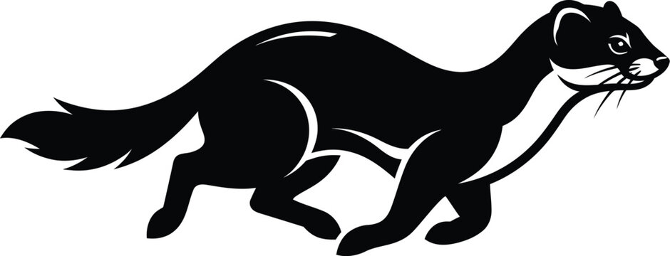 Sleek running weasel illustration rendered in a bold minimalist black and white vector graphic style showing dynamic movement and elegant feline agility for creative branding projects or modern