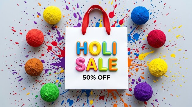 Holi Sale Shopping Bag with Colorful Gulal Powder Spheres