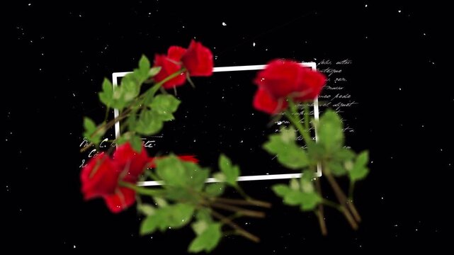 Elegant red rose flowers arranged around a white rectangular frame on black background.