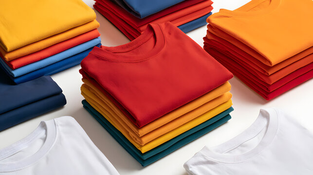 Colorful folded t shirts arranged in neat stacks on a clean white surface showcasing vibrant textile fashion apparel retail style commercial product design collection wardrobe basics everyday casual w