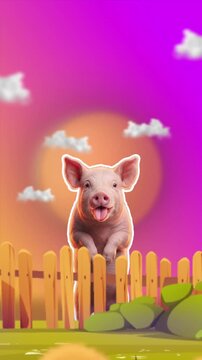 Pig for comedy tiktok reels featuring a fast push in to a blinking animal. Includes top copy space for advertisement and marketing campaigns.