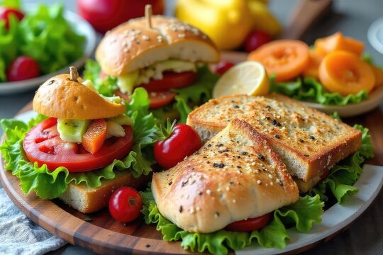 A vibrant spread of healthy and delicious lunch options, featuring fresh salads, sandwiches, and fruit, perfect for a satisfying midday meal , vibrant, container