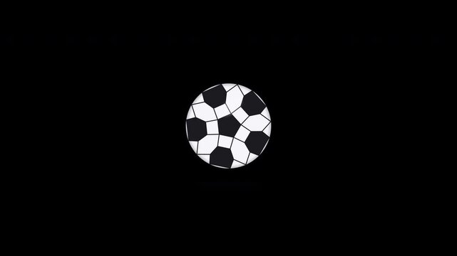 Animated soccer ball spinning in center screen on a black background, sports concept, motion graphic loop