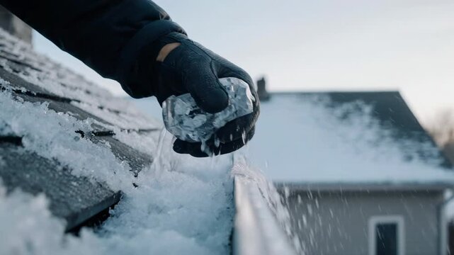 Hand clearing ice dam from roof gutter during winter with snowy houses in background cinematic motion