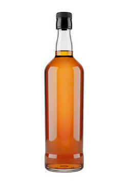 Full glass bottle of golden whiskey with black cap isolated on white background render
