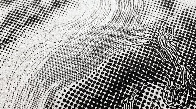 Abstract black and white grunge texture with distorted halftone dots and flowing wavy moire patterns