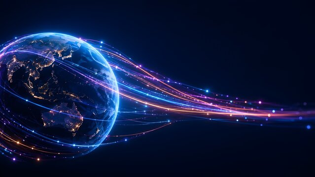 Fiber optic light streams connecting to Earth globe illustrating global internet data transfer