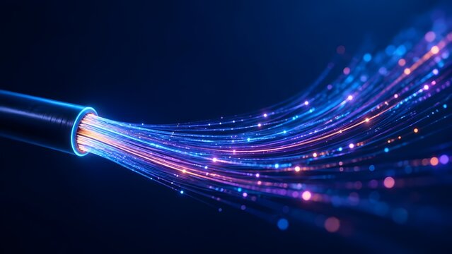 Optical fiber strands glowing with intense light for fast internet connectivity