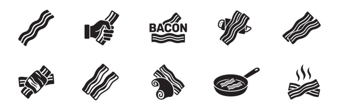 Bacon icon set. Crispy pork slices, frying pan, hand holding bacon, meat roll and breakfast concepts. Vector illustration.