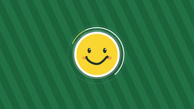 Pixelated happy smiley face icon animating with glowing rings on a green striped background, loop