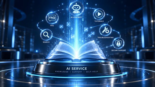 Futuristic artificial intelligence assistant interface with automated helpdesk and search functions