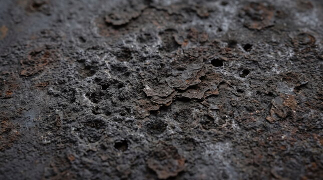 Macro close up of dark heavily corroded pitted metal surface with brown rust flakes and rough texture