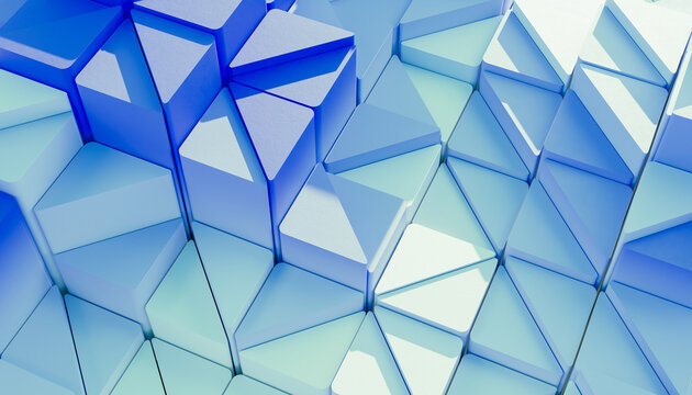 Abstract 3d render of blue triangular geometric pattern