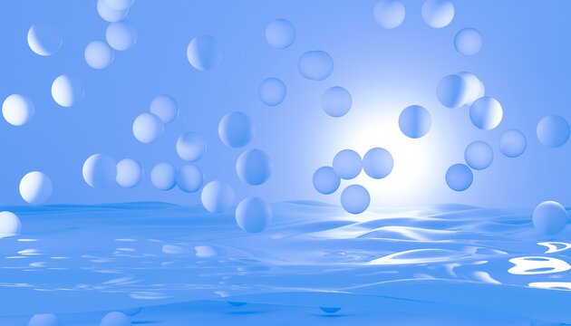 Blue spheres floating over abstract rippled blue surface