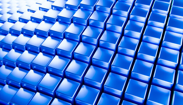 Blue glossy 3d cubes arranged in a repeating geometric pattern