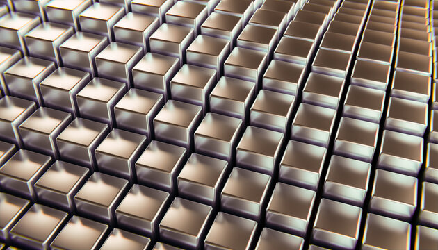 Abstract 3d render of metallic cubes in geometric grid pattern