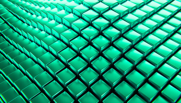 Abstract green cubic 3d render with reflective surfaces