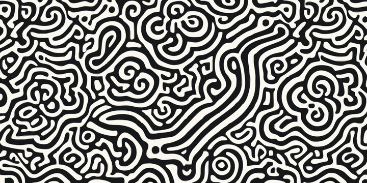 Intricate swirling line art creates a monochrome pattern with organic shapes and continuous curves abstract amoeboid artistic blackandwhite complex contour curvilinear decorative design