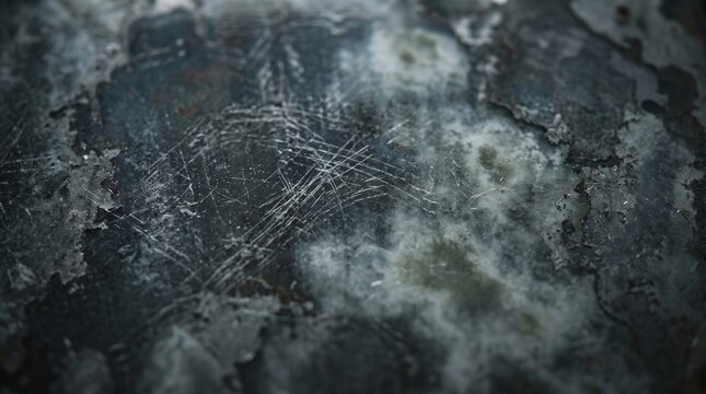 Macro close up of scratched dark oxidized metal texture with cloudy stains and peeling edges