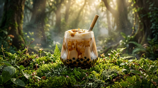 Glass cup of boba milk tea with tapioca pearls resting on a mossy forest floor