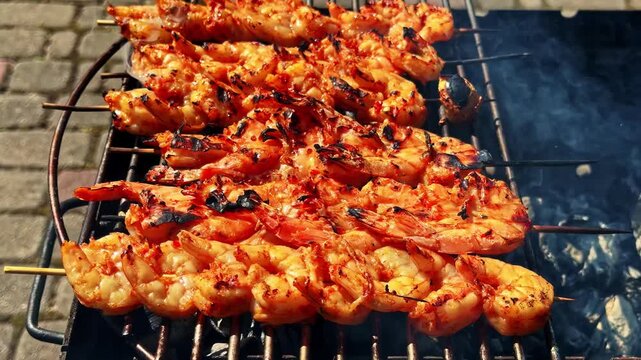 Fresh prawn skewers with marinade grilling over hot coals for a summer cookout on the patio