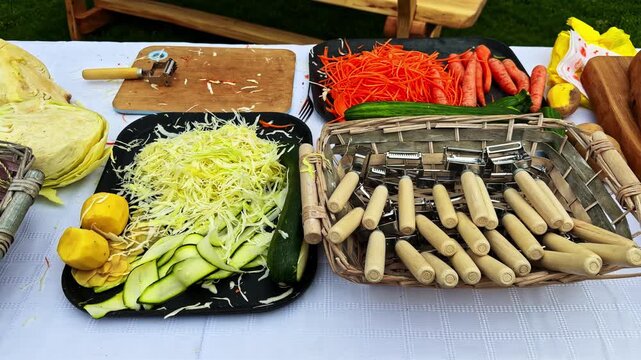 Preparing tools and ingredients on the table to cook a signature Latvian dish