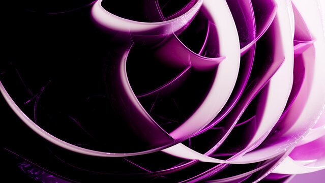 Abstract purple curved spiral shapes with smooth reflective surfaces
