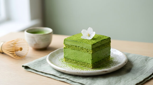 Square matcha green tea mousse cake served on a ceramic plate with tea