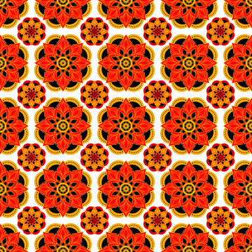 Traditional Floral Seamless Pattern in Red, Gold, and Black, Seamless floral pattern featuring intricate traditional mandala-style flowers in vibrant red, orange, gold, and black colors on a white bac
