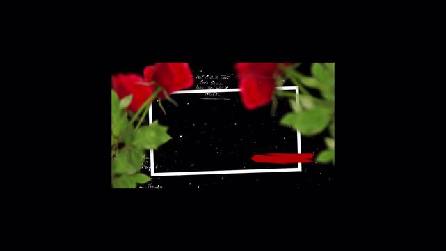 Elegant romantic frame with blooming red roses and white rectangular border on dark background.
