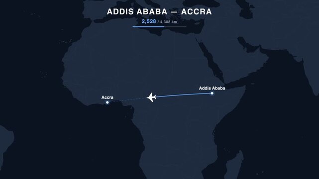 Flight route from Addis Ababa to Accra animated on a world map. Seamless looping 4K travel animation, 4,308 km.