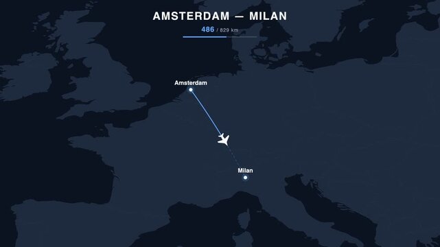 Flight route from Amsterdam to Milan animated on a world map. Seamless looping 4K travel animation, 829 km.
