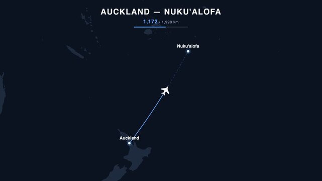 Flight route from Auckland to Nuku'alofa animated on a world map. Seamless looping 4K travel animation, 1,998 km.