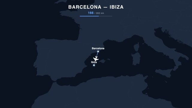 Flight route from Barcelona to Ibiza animated on a world map. Seamless looping 4K travel animation, 283 km.