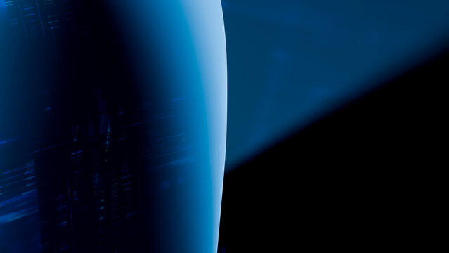 Blue light reflecting off a glossy curved surface in dark background