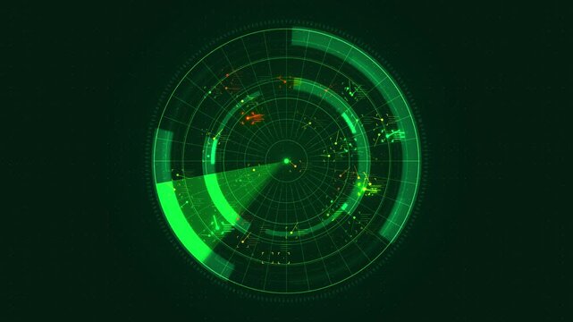 Military tracking interface target signals green radar display scanning sectors indicators. air traffic control, security operations, missile detection, intelligence, mapping, command centers, defense