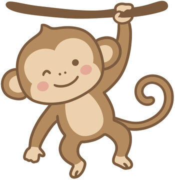 Cute monkey hanging on a branch cartoon vector illustration kawaii style