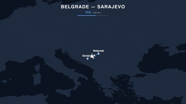 Flight route from Belgrade to Sarajevo animated on a world map. Seamless looping 4K travel animation, 192 km.