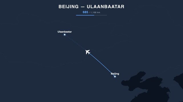 Flight route from Beijing to Ulaanbaatar animated on a world map. Seamless looping 4K travel animation, 1,168 km.
