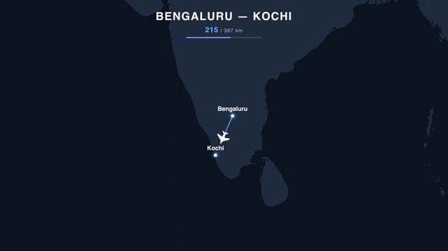 Flight route from Bengaluru to Kochi animated on a world map. Seamless looping 4K travel animation, 367 km.
