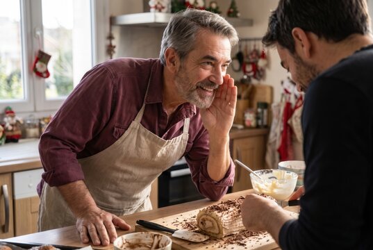 Father sharing a secret with his son while decorating a yule log in a kitchen