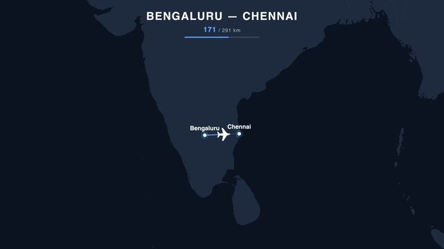 Flight route from Bengaluru to Chennai animated on a world map. Seamless looping 4K travel animation, 291 km.